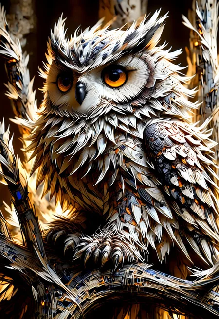 A photorealistic image of a majestic owl figure,
crystalstexture skin,(extremely delicate and beautiful), highly detailed, WhiteMold, art style, 3d printed mold, 
intricate details, dramatic composition, contrast, texture, realism, high quality, stunning art, film grain, volumetric lighting, detailed, 
ScribbleRay, doodle, sketch, black and white,
background is cozy room,