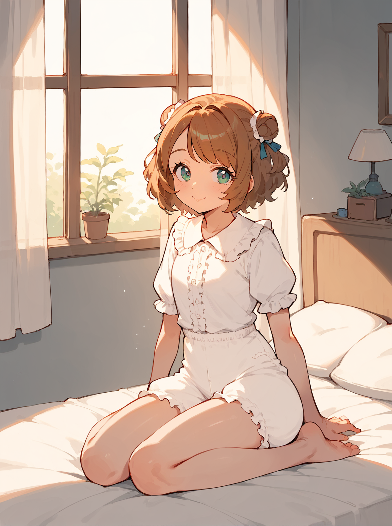 score_8_up, score_7_up, score_6_up, source_anime, 1girl, solo, bedroom, on bed, window, curtains, sunlight
smile, 
frilly shirt, thighs
bloomers,  <lora:Bloomers:1>