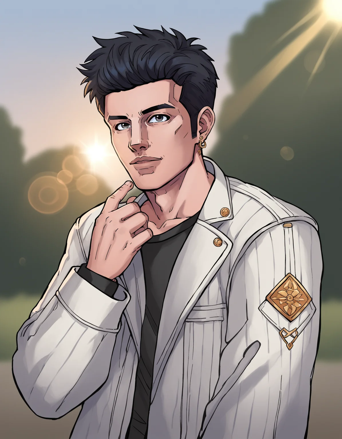 score_9, score_8_up, score_7_up, score_6_up, score_5_up, score_4_up, 1boy, male focus, solo, black hair, earrings, jewelry, lens flare, jacket, looking at viewer, hand up, depth of field, outdoors, cinematic angle, flat color, dskflatz , <lora:Dskart_PnyXL_V2:0.8>