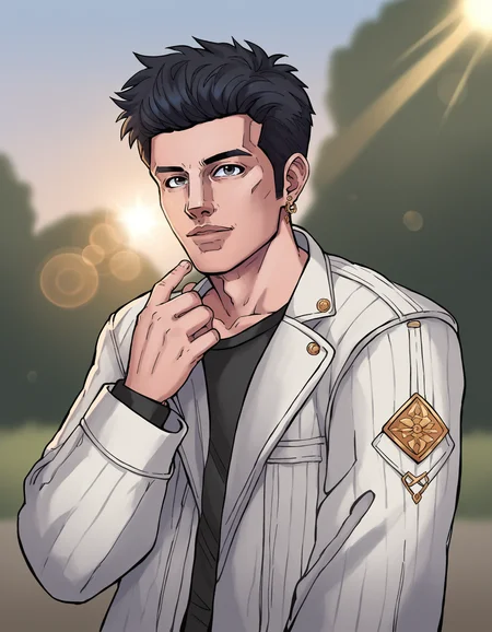 score_9, score_8_up, score_7_up, score_6_up, score_5_up, score_4_up, 1boy, male focus, solo, black hair, earrings, jewelry, lens flare, jacket, looking at viewer, hand up, depth of field, outdoors, cinematic angle, flat color, dskflatz , <lora:Dskart_PnyXL_V2:0.8>