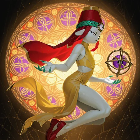 masterpiece, best quality, amazing quality, official style, concept art, realistic, jis0ls, male, furry male, solo, white fur, white eyes, no pupils, black nose, small ears, green claws, skinny, red hat, gold trim, tassels, eye on hat, jade decorations, veil, yellow dress, red shoes, floating, looking down at palm, serious, side view, dynamic, mosaic, stained glass, colored glass background