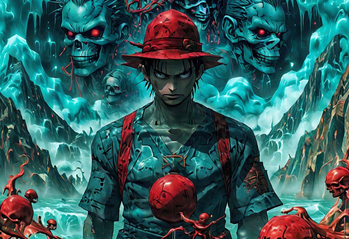 illustration, anime, Monkey D. Luffy, One Piece, vintage, port city, poster, in the style of [james jean], deathcore, [john pitre], detailed atmospheric portraits, oil painting, anime, biopunk, horror art, dark and intricate, unique illustrations, precisionist art, airbrush, mystical landscape, intricate psychedelic, dark azure and red, witchcore