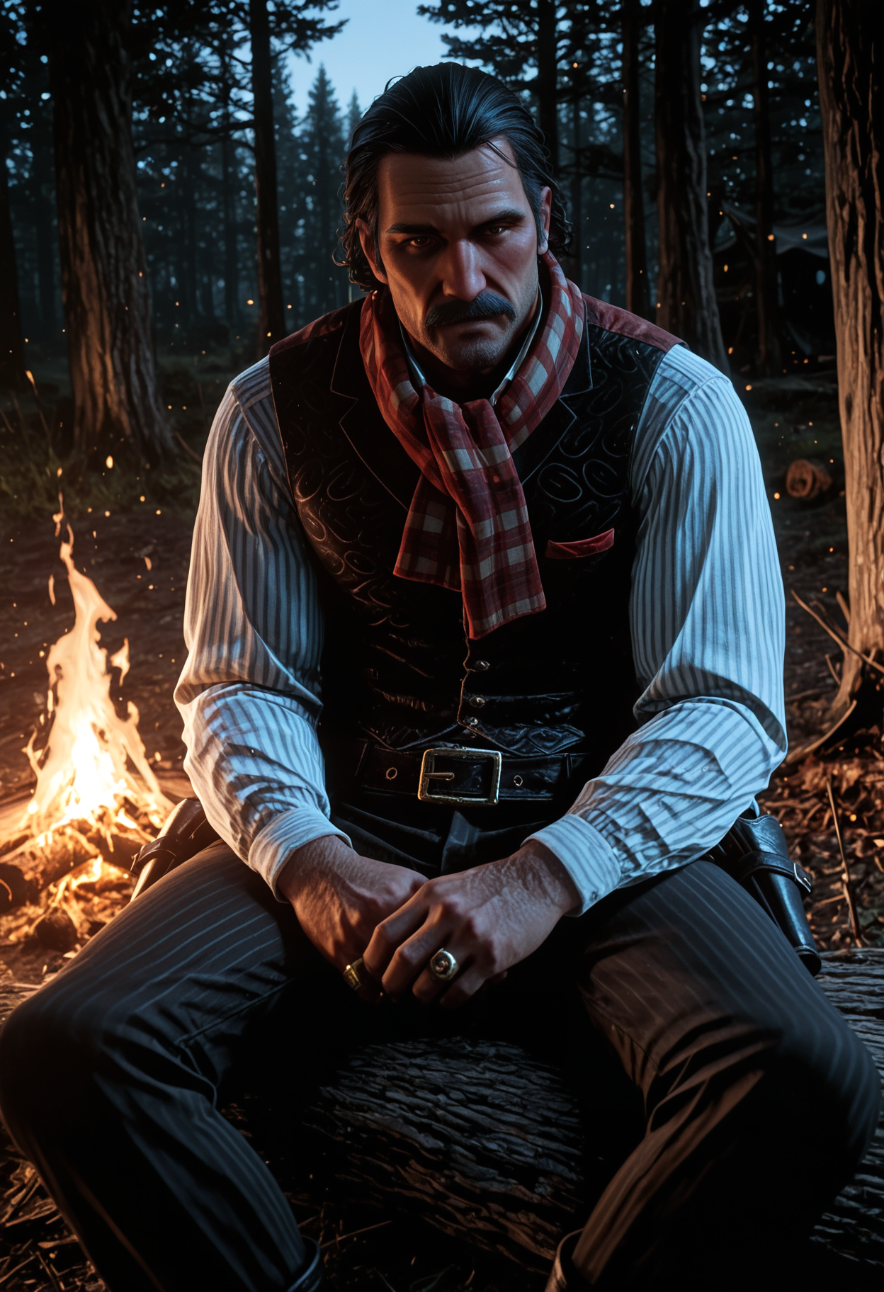 1boy, rdr2dutch, mature male, black slicked back wavy hair, brown eyes, thick mustache, stubble, 

black patterned vest with red back, white striped shirt, rings on fingers, gun holster belt, dark pinstripe trousers, black boots, red and white plaid scarf, arms crossed, looking at viewer, sitting,

outdoor, forest, old campsite, campfire, male focus, face focus, 

masterpiece, best quality, absurdres, newest, perfect quality, detailed background, intricate details, great lighting,