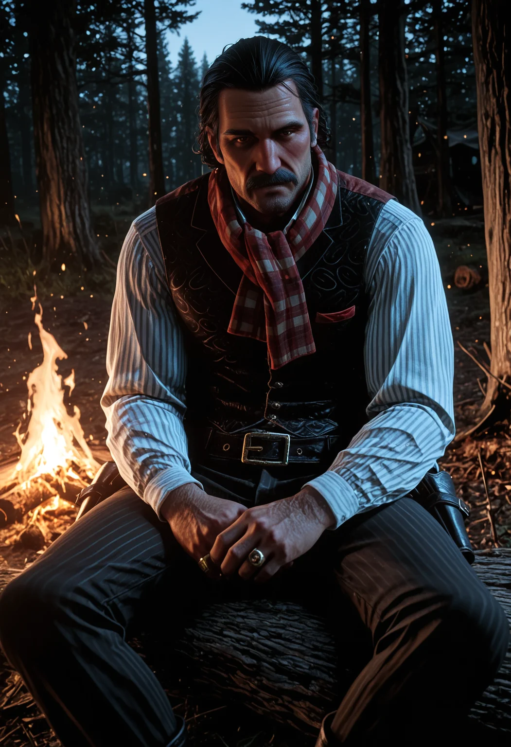 1boy, rdr2dutch, mature male, black slicked back wavy hair, brown eyes, thick mustache, stubble,
black patterned vest with red back, white striped shirt, rings on fingers, gun holster belt, dark pinstripe trousers, black boots, red and white plaid scarf, arms crossed, looking at viewer, sitting,
outdoor, forest, old campsite, campfire, male focus, face focus,
masterpiece, best quality, absurdres, newest, perfect quality, detailed background, intricate details, great lighting,