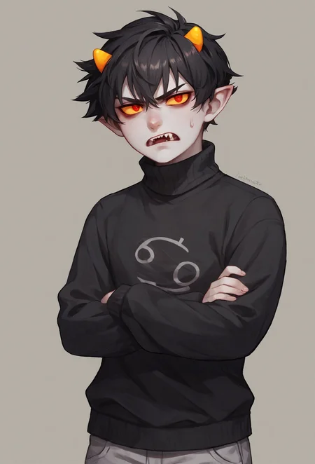 , score_9, score_8_up, score_7_up, masterpiece, , line art, portrait, anime,, detailed, <lora:Expressive_H:0.45> Expressiveh, looking at viewer, annoyed, frustrated, <lora:Karkat_vantas:0.8>,karkat vantas , black hair, short hair, horns, gray skin, colored skin, yellow sclera, red eyes pointy ears, gray pants, sweatpants, turtleneck, black sweater, grunt, fangs, cancer \(symbol\) on sweater , crossed arms,