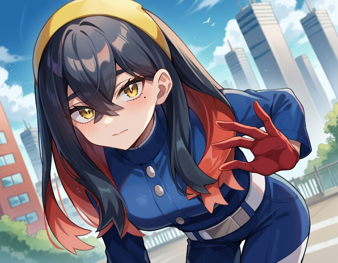 score_9, score_8_up, score_7_up, source_anime,
pokemoncarmine, <lora:pokemon-carmine-ponyxl-lora-nochekaiser:1>
pokemoncarmine, black hair, colored inner hair, crossed bangs, hair between eyes, hairband, long hair, mole, mole under eye, multicolored hair, red hair, sidelocks, two-tone hair, yellow eyes, yellow hairband,
buttons, long sleeves, jacket, gloves, red gloves, pants, belt, blue pants, blue jacket,
outdoors, cityscape, bent over,
looking at viewer, cowboy shot, dutch angle,