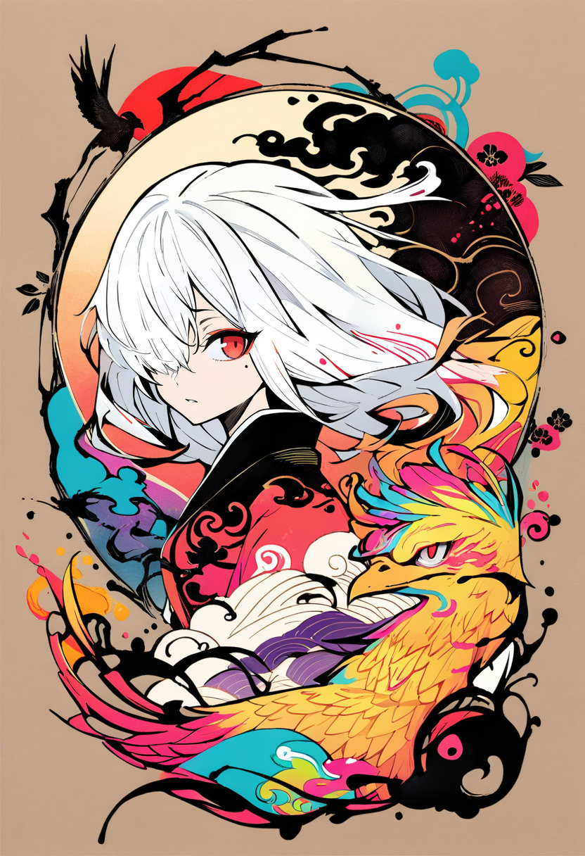 masterpiece, best quality, <lora:banpaiakiraXL_ANI31_lokr_V3236:0.95> (illustration), looking at viewer,colorful,from side,((chinese colorful ink)),flat color,(phoenix:1.5,bird:1.3),sunset, standing on a building,
(1girl:1.2),detailed long white hair + red eyes,detailed face,full body, (white hair:1.4), (mole under eye:0.9), squinting,eyeshadow, hair ornament, small breasts,((kimono)), cold face,long floating hair,,hair over one eye\\,
(portrait),((ink splashing)),((chinese colorful ink)), ((Chinese color ink painting style))
upper body,(white hair +red eyes),(cute face:0.95),(detailed beautiful face:0.95),colorful painting,
(Floating),(Amazing),(Absurd),((sharp focus)), ((extremely detailed)), ((high saturation)),((surrounded by color ink splashes)),((extremely detailed body)),((colorful))
