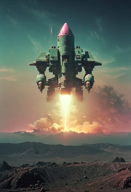pastel neon niji colors, terraforming mecha-Pyramid Like drdnght machine hovering above planet earth 20000 bc. shooting rockets like a rocket launcher, By YMji Shinkawa,
.atmospheric haze, Film grain, cinematic film still, highly detailed, high budget, cinemascope, moody, epic, OverallDetail, gorgeous, 2000s vintage RAW photo, photorealistic, candid camera, color graded cinematic, eye catchlights, atmospheric lighting, skin pores, imperfections, natural, shallow dof,