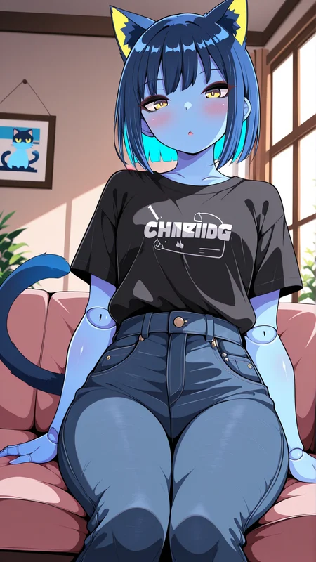 masterpiece, best quality, amazing quality, absurd res,
Flatline, Flat vector illustration, masterpiece, best quality, good quality, very aesthetic, absurdres, newest, 8K, depth of field, focused subject, dynamic closeup angle,
<lora:Capek_mrbalderus_for_Illustrious:0.7> 1girl, c4pek, cat ears, cat tail, short hair, colored skin, blue skin, yellow eyes, joints, blue hair, black eyeshadow, medium hips, short, dark blue ears, dark blue tail, gold inner ear,
shirt, jeans, indoors, living room, window, sitting on couch,
<lora:Chinzurena_Style_for_Illustrious:1> chinzurena_style