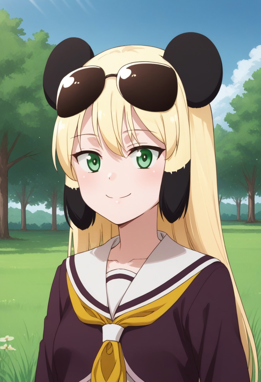 score_9, score_8_up, source_anime, highly detailed, 
meimei, 1girl, solo, green eyes, eyewear on head, long hair, blonde hair, black thighhighs, sunglasses, school uniform, smile, neckerchief, panda ears, upper body,
outdoor, grass, tree, sky.