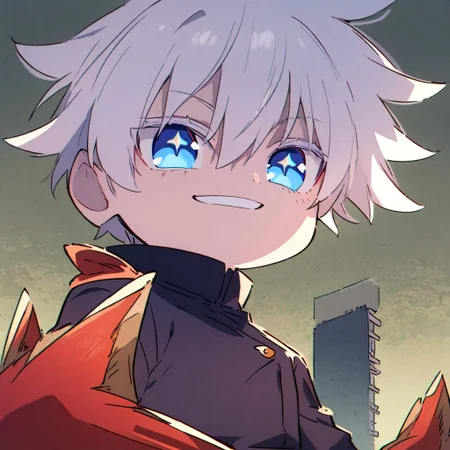 1 boy, gojou satoru, from jujutsu kaisen, chibi art style, anime, white hair, bright blue eyes, sparkling eyes, white eyelashes, smiling, detailed hair, detailed face, detailed eyes, detailed clothes, detailed skin, ultra-detailed, (full body), (upper body), (top quality), pop art, extremely detailed, extremely detailed CG, (high resolution), highly detailed, (high quality), (perfect quality), (g
