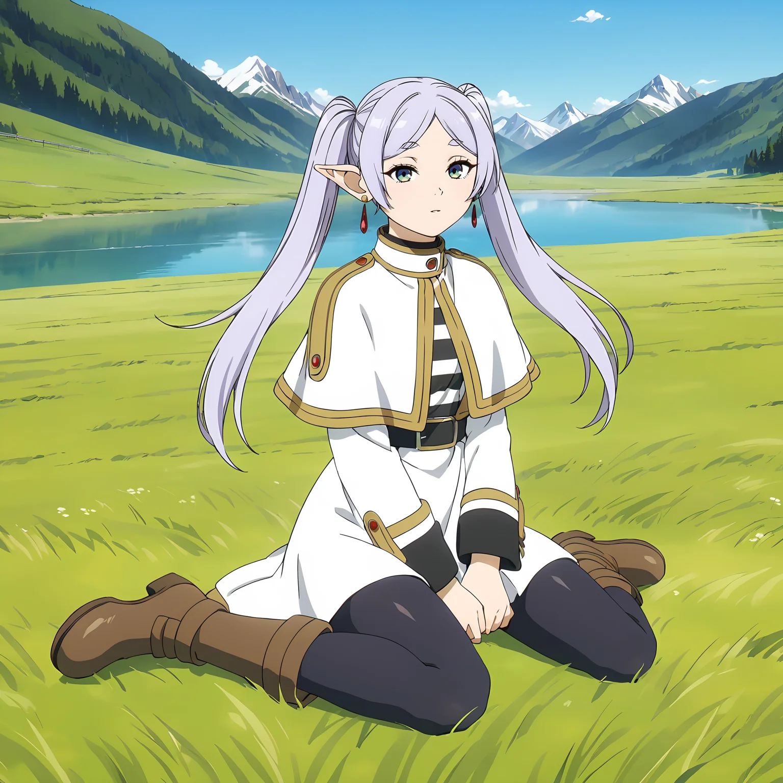 <lora:FrierenXL004>,<lora:DetailedEyes_V3:1.6>,
solo,
anime screencap,
best quality,masterpiece,
Frieren,1girl,light purple hair,twintails,multicolored eyes,earrings,
capelet,jacket,striped shirt,
belt,skirt,
pantyhose,
brown boots,
grassland,sky,wind,nature,mountain,lake,
full body,sitting,
