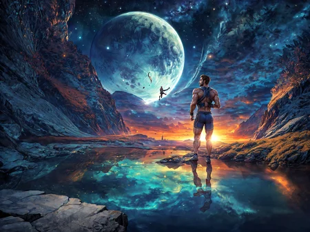 <lora:SyFyEye1_v2.0:.75>, ((SyFyEye1, standing, male focus, reflection, night sky, day, crescent moon, day, ocean, night, sunlight, sunlight, moonlight, milky way, science fiction, planet, river, flying,)), bara, mature, facial hair,  male, (homoerotic), masterpiece, highly detailed face and skin, hyperrealistic, male only, bara, mature, stubble, muscular male, handsome, male focus, light particles,(Balance and coordination between all things),real light and shadow, perspective, composition, adventurous, energy, exploration, contrast, experimental, unique <lora:style_adddetail:.7>
(((from back, exercising))), (detailed background, cinematic, detailed, atmospheric, epic, concept art, masterpiece, best quality, 8k, ultrarealsitc), realistic