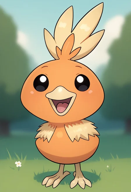 score_9, score_8_up, score_7_up, score_6_up, extremely detailed, torchicLora, pokemon (creature), solid black eyes, beady eyes, big head, tiny body, round head, chibi, super deformed, cute, smol bean, cowboy shot, happy, open mouth, looking around, solo, facing viewer, front view, the park, outdoors, daytime, bright lighting,