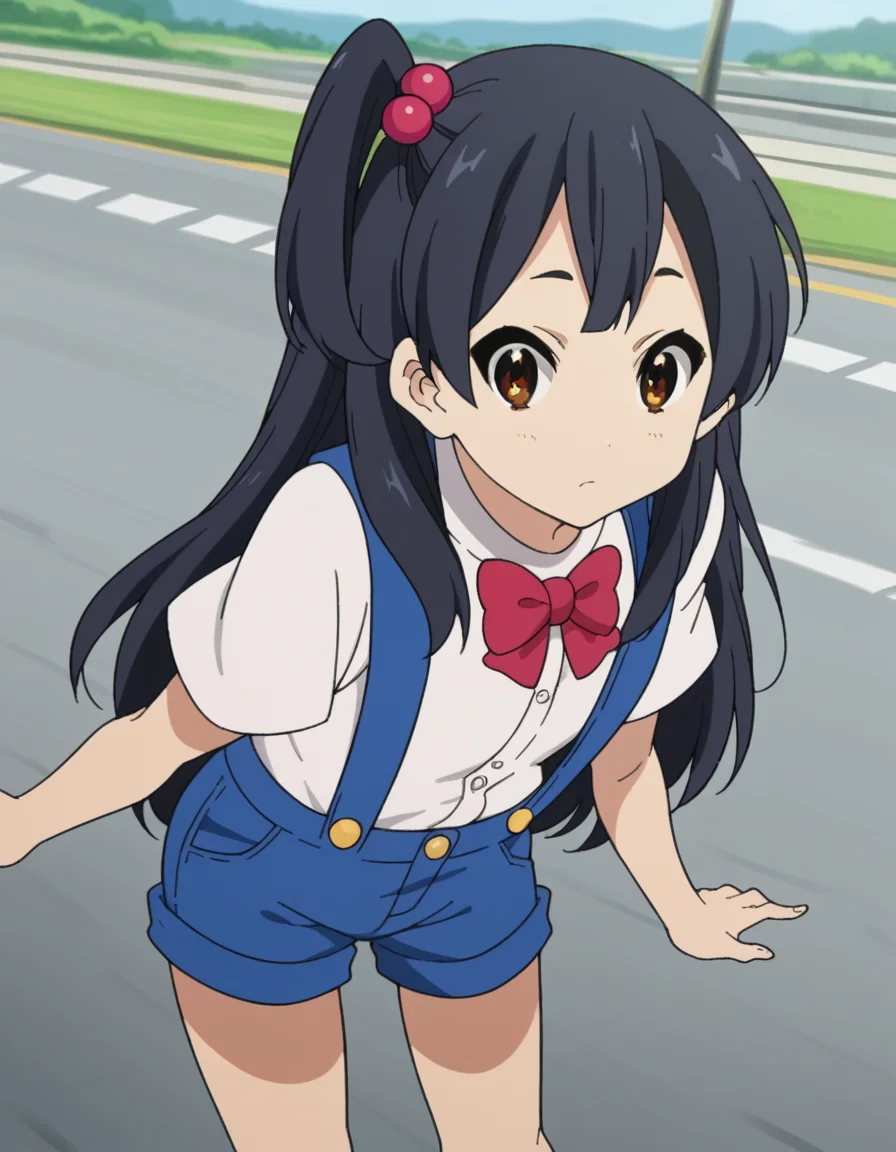 score_9, score_8_up, score_7_up, source_anime, <lora:anko-kitashirakawa-s1-ponyxl-lora-nochekaiser:1>, anko kitashirakawa, long hair, black hair, hair ornament, brown eyes, one side up, hair bobbles,, suspenders, shirt, white shirt, bowtie, red bowtie, buttons, shorts, blue shorts,, road, cars, asphalt, travel, speed, , leaning forward,, looking at viewer, solo,, dutch angle, cowboy shot