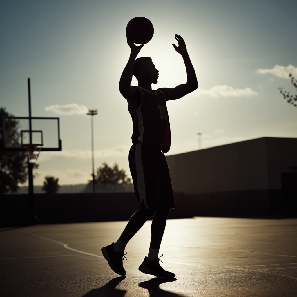 cinematic film still of  <lora:Hand pony style v1:0.8>
a silhouette man is playing basketball with a ball, shallow depth of field, vignette, highly detailed, high budget, bokeh, cinemascope, moody, epic, gorgeous, film grain, grainy