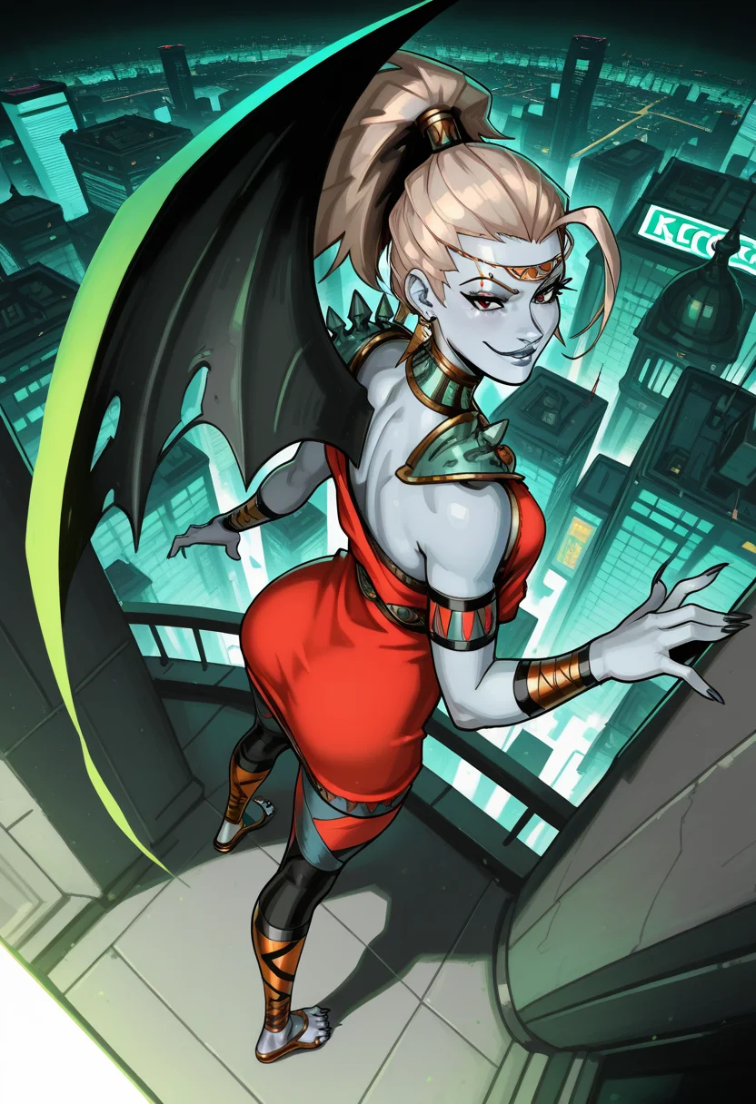 masterpiece, best quality, good quality, very awa, very aesthetic, absurdres, full body, Alecto back turned, looking at viewer, kinky,   barefeet, black toenail polish, toes,  blue skin, sharp fingernails, leggings, grey skin,  single wing, greek clothes, ponytail, earrings, red eyes, top view,  background green virtual city, green and white holographic city, smirk, from behind, 
 <lora:Alecto-IL:1>,