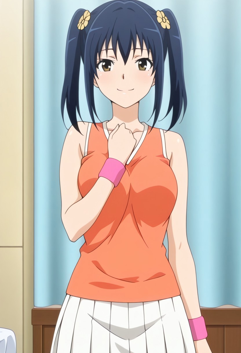 1girl, bedroom, happy, looking at viewer, BREAK, ayumi joshikousei no koshitsuki anime style, twintails, hair flower, yellow flower, medium hair, blue hair, BREAK, ayumi ep2 tennis outfit, tennis uniform, orange tank top, wristband, white skirt, pleated skirt, hand on own chest, clenched hand,