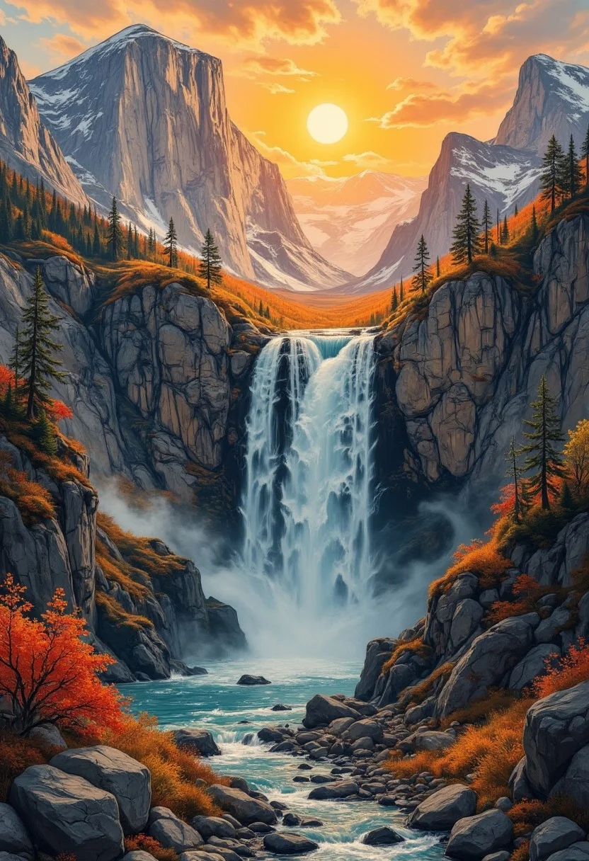 painting, powerful waterfall in a mountain gorge, sunset