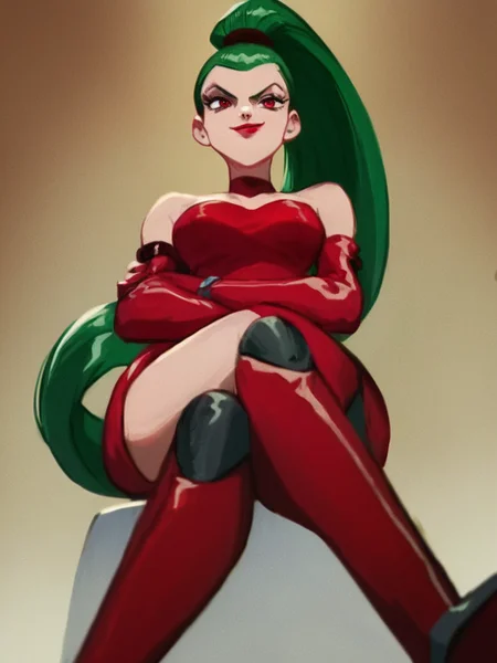 score_9, score_8_up, score_8, source_anime,
sitting, smile, naughty face, from below, crossed legs,
<lora:xl_more_art-full_v1:0.45>,
<lora:Petra_Fina_-_Flint_The_Time_Detective_-_CH.Memories:1>, petra fina, 1girl, long hair, green hair, red eyes, lipstick, ponytail, red dress,