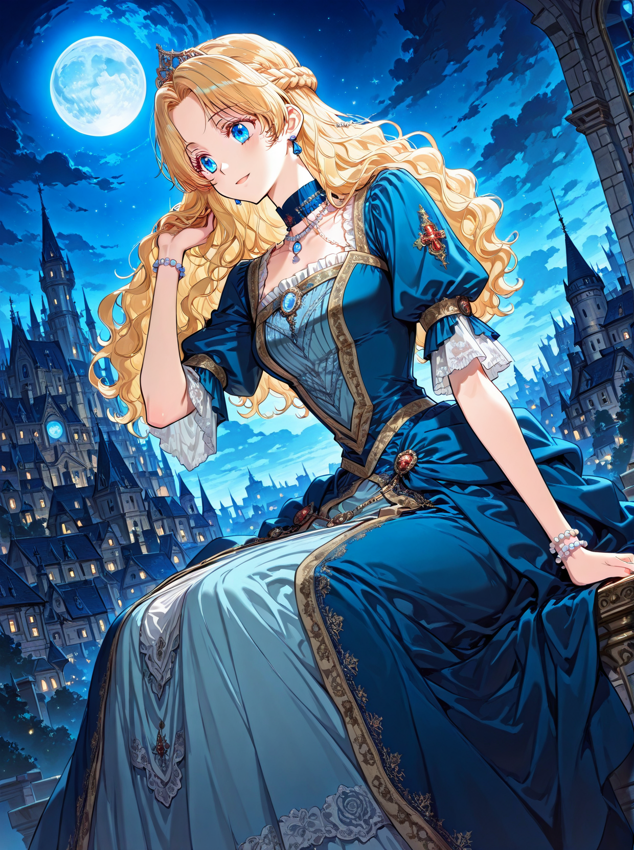 <lora:Athanasia_r1:1>
1 girl, solo, princess, blue eyes, blonde hair, long hair, wavy hair, french braid, bangs, parted bangs
long blue dress, long skirt, pearl necklace, blue earrings, pearl bracelet, French braid,
score_9, score_8_up, score_7_up, very aesthetic, source_anime, detailed, high quality, beautiful, masterpiece, detailed eyes, castle, village, blurry background, cityscape, pose dynamic angle, light smile, open mouth, hand on hair, sitting, night, blue moon, <lora:iLLMythG0thicL1nes:1>