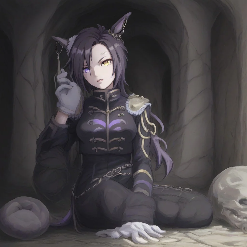 (Naruto_Manda, hybrid snake human, horse tail, sharp teeth, horse ears, ear ornament, single ear cover, horns, heterochromia, purple eyes, yellow eyes, black jacket, epaulettes, aiguillette, long sleeves, white gloves, black pants, eyebrow piercing, ear piercing,((1girl ,1women)) , female, ),purple religious tunic, sleeves, hood, scaly skin, , green eyes, reptile eyes, inside cave, human bones on floor, jewelry, holding human skull, airshakurprime, low wings,