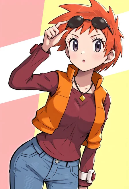 [hinosaki, pokemoa, gonzarez], 2d, masterpiece, best quality, amazing quality, highres, absurdres, newest, 1girl, solo, cowboy shot, looking at viewer, multicolored background, simple background, colorful background, medium breasts, pkzoey, orange hair, short hair, spiked hair, bangs, necklace, eyewear on head, sunglasses, red shirt, long sleeves, bracelet, orange vest, jeans, denim