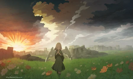 masterpiece, best quality,
1girl,
solo, Angel, cry, pain, Tears, Post-war ruins, green grassland, rising sun, Dark Cloud, Palestine, cloud, sunburst, flower, smoke, outdoors, cloudy sky, sky, what i watched what i expected abyss \(air fox\)
<lora:potgXLlokr4f-000143:0.6> <lora:åºæ°´XLlokr8f-000186:0.6>