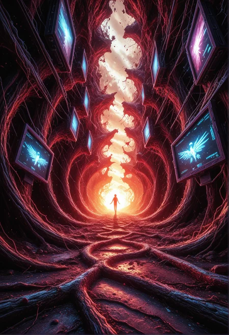 dark silhouette of a dissolving winged figure walking towards the viewer with glowing eyes, imploding white neutron star in the background, stark cyan backlighting, canyon environment disintegrating into particles floating upwards, arcs of lightning tear the heavens apart, the rusty ground is breaking, (high contrast, highly detailed, chromatic aberration, glitching, angel, screen tearing, displacement artifacts:1.4) <lora:p_Blood_Forest_absurd_reality> <lora:xl_glitch_blood_APOC> <lora:xl_spo_sdxl_10ep_4k-data_lora_webui>