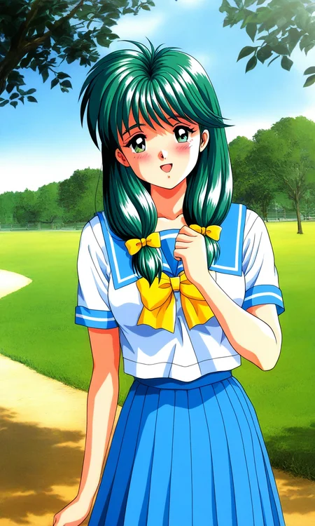 general,highres, ultra-detailed,very aesthetic,best quality ,best hands, BREAK <lora:Kisaragi_Mio_Tokimeki_Memorial_Ver2.0_IS:1>blush, happy,
Kisaragi_Mio(Tokimeki_Memorial), 1girl, solo, green hair, twintail, long hair, green eyes, hair over shoulder, Yellow bow, hair bow, low-tied long hair, medium breasts,
blue school uniform, serafuku, jewelry, yellow bow, Yellow bow, blue skirt, blue sailor collar, pleated skirt, short sleeves,
outdoor, tree, sky,
