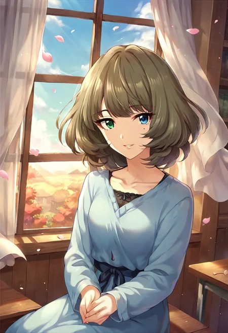 score_9, score_8_up, score_7_up, source_anime,takagaki kaede, short hair, brown hair, mole under eye, green eyes, blue eyes, heterochromia, 1girl, mole, solo, looking at viewer, smile, sitting, window, wind, collarbone, petals