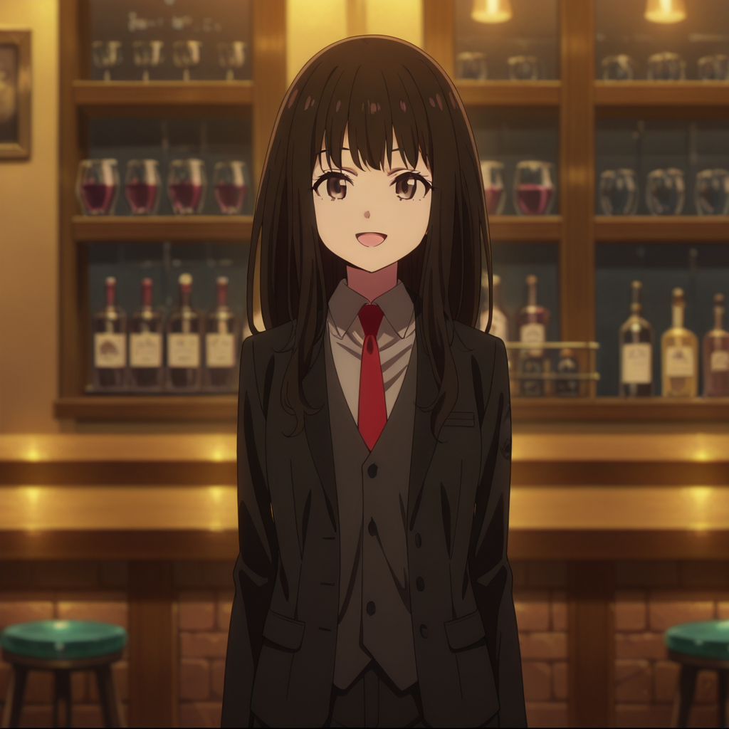 nsfw, masterpiece,best quality,amazing quality,1girl, solo, lycoris_recoil_takina_lnoue, standing, necktie, long hair, red necktie, collared shirt, shirt, looking at viewer, black hair, jacket, bangs, black jacket, white shirt, purple eyes, blurry, smile, formal, brown eyes,suit, open mouth, wine bar, <lora:Takina_Inoue_-_Lycoris_Recoil:0.7>