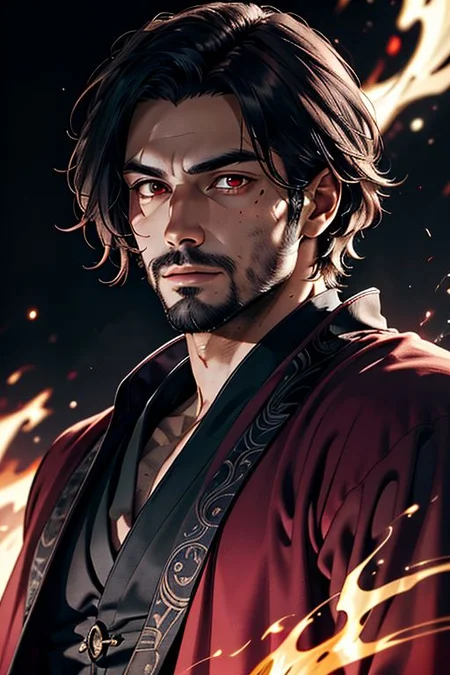 Master piece, highest quality, highest possible OverallDetail, red eyes,
Create an elder of a demonic sect.
The character looks like he is in his late twenties or early thirties. He is handsome.
He has black shoulder-length shaggy hair.
His outer robe is black and the inner robe is dark red.
no beard
His eyes are dark red. Detailed face. Red robe.