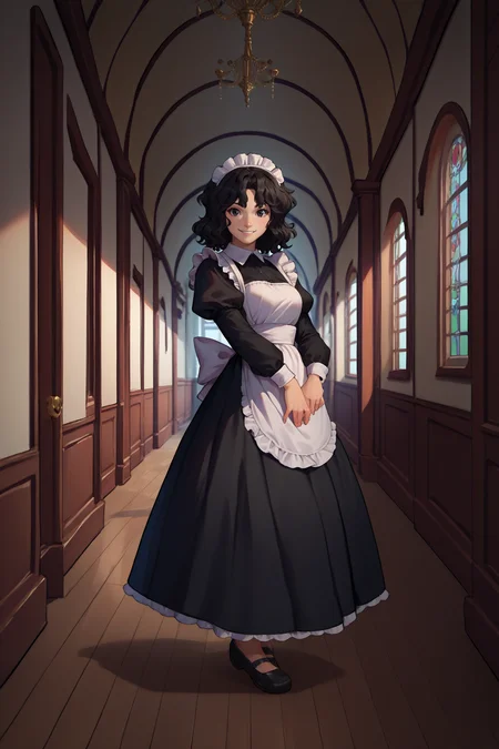 score_9, score_8_up, score_7_up, score_6_up, source_anime, 1girl, solo, <lora:tanamachikaoru-pdxl-nvwls-v1-000006:1> amagamiTK, black hair, wavy hair, medium hair, black eyes, medium breasts, maid headdress, maid apron. black dress, puffy sleeves, looking at you, hallway, chandelier, smile