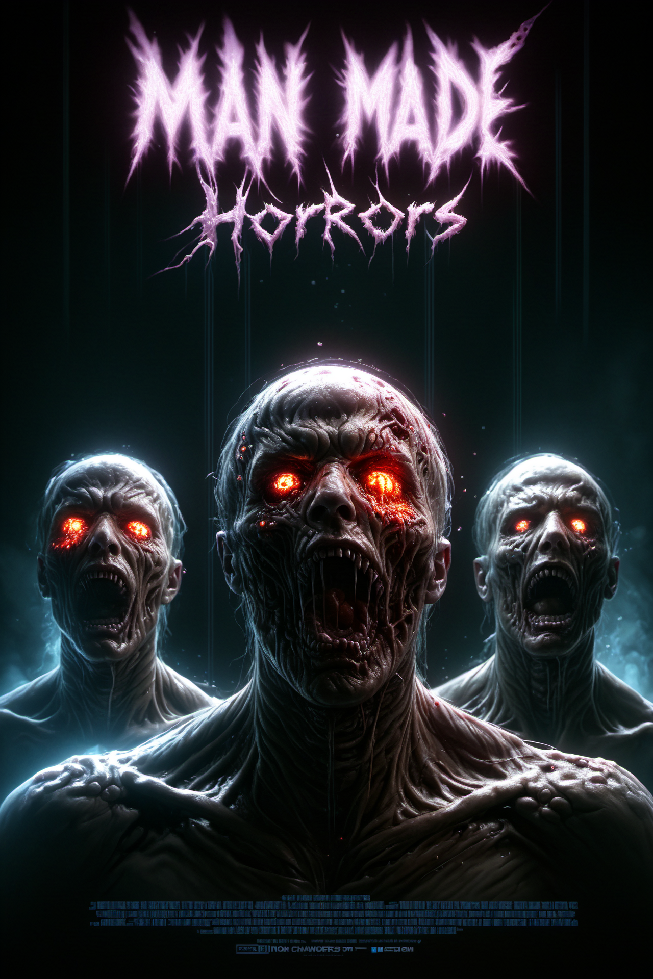 "Man*Made*Horrors" text logo:9, Faces Exploding from glass biology chamber, shadowy laboratory, electric, action shot, eerie nuclear glow, inflamed neurons background <lora:Harrlogos_v1.1:1>, prominently featured text in foreground "Man*Made*Horrors", <lora:ab0m:0.6>, ab0m
