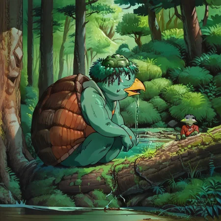 (score_9), score_8_up, score_7_up, 2girl, Kappa sitting on moss-covered boulder in the woods, turtle monster, beak, shell, water in head, beautiful ancient forest, with a peasant girl nearby, detailed background