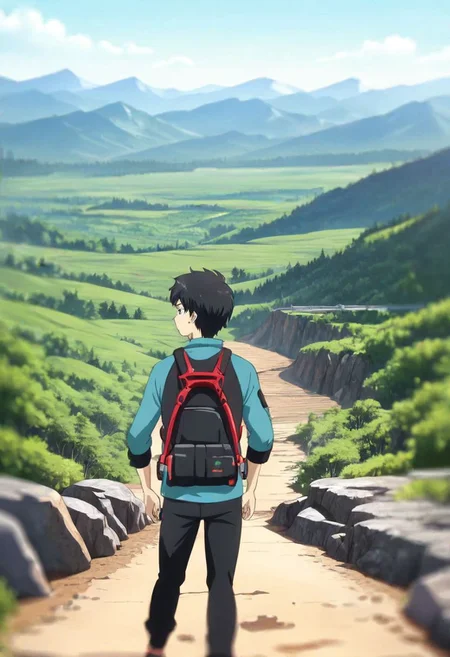 high resolution, solo, best quality, 1Boy, Arata Kaizaki, Black Hair, Blue Eyes, landscape, looking away, high mountain, hiking gear, shallow depth of field, OverallDetail