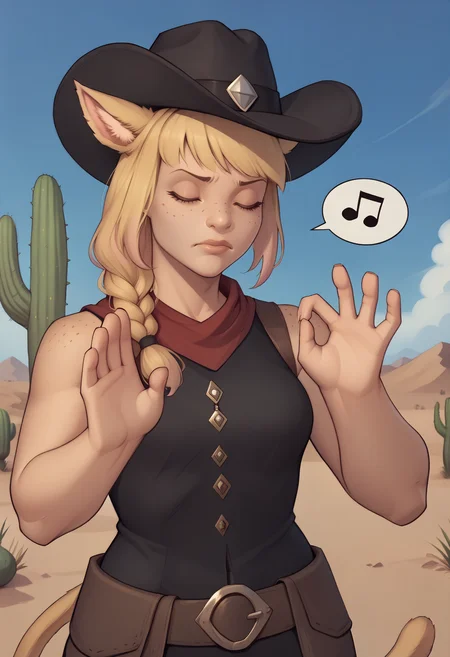 score_9, score_8_up, score_7_up BREAK <lora:clamXIVMC_v20:1> xivmc, blonde hair, two-tone hair, braided, animal ears, freckles, cat tail, cowboy hat, spoken musical note, cowboy western, <lora:PachaMeme_pdxl_Incrs_v1:0.8> pachameme, hands up, ok sign, closed eyes, outside, desert, cactus,
