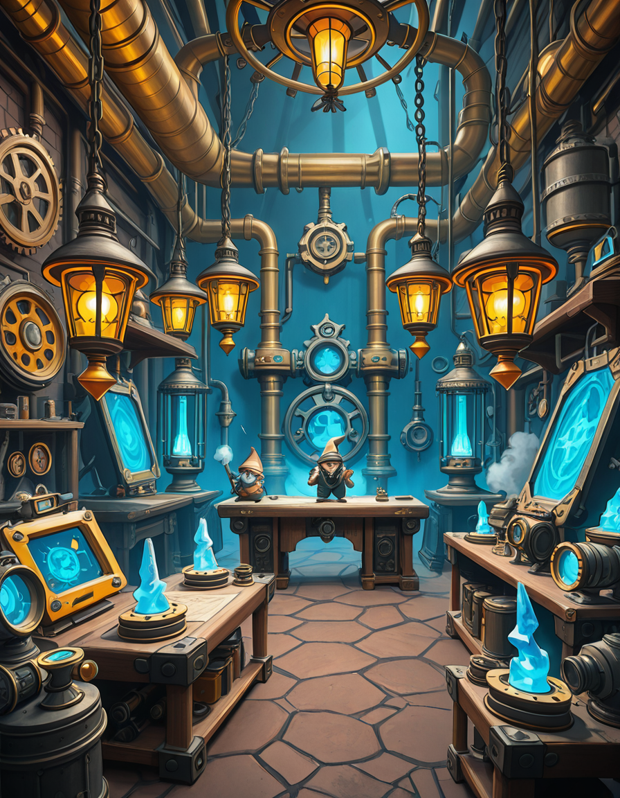 A highly detailed and immersive gnome workshop inspired by World of Warcraft, filled with intricate mechanical devices, glowing gadgets, and arcane-infused machinery. The workshop is cluttered with blueprints, gears, and steam-powered contraptions, creating a vibrant steampunk-fantasy aesthetic. The lighting comes from flickering arcane lamps, neon-colored tubes, and softly glowing mana crystals, casting a warm yet mysterious ambiance. In the background, large brass pipes, rotating cogs, and suspended platforms form a complex, multi-layered workspace. A large workbench at the center is covered with half-finished inventions, from tiny clockwork creatures to experimental energy weapons. The walls are adorned with schematics, tool racks, and magical energy conduits. The atmosphere feels lively, as if gnome engineers have just stepped away from their latest tinkering project, leaving sparks flying and steam hissing from unfinished experiments. The color palette is a mix of vibrant blues, greens, and metallic hues, enhancing the high-tech yet whimsical charm of gnomish engineering.<lora:SDXLFaeTastic2400:0.4> <lora:extremely_detailed:0.4> extremely detailed,gnome w0rksh0p <lora:gnome_w0rksh0p-i:1>, Masterpiece,best quality,hi res,8k,hi res,8k,award winning,(sharp focus, intricate, highly detailed),