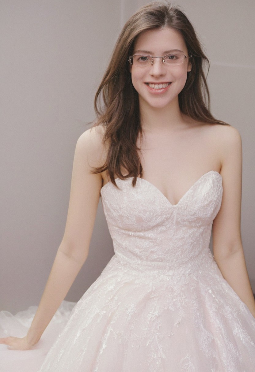 realistic photo of Beautiful young woman, perfect medium perky natural breasts, 2009 style, low rise, low contrast style, 8mm film, analog photography style, long brown hair, sharp facial features,thick nerdy glasses, pale white skin, , influencer, brown eyes, no makeup, instagram, detailed skin texture, detailed eyes, detailed face, slim, (small waist, wide hips, thick thighs:1.2), (sexy wedding gown with pink highlights:2.0), happy, smiling, juicy ass,