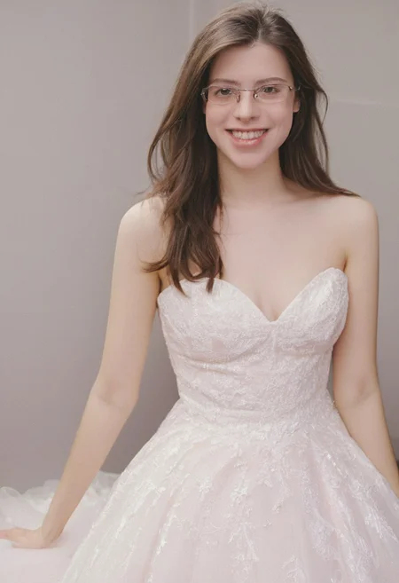 realistic photo of Beautiful young woman, perfect medium perky natural breasts, 2009 style, low rise, low contrast style, 8mm film, analog photography style, long brown hair, sharp facial features,thick nerdy glasses, pale white skin, , influencer, brown eyes, no makeup, instagram, detailed skin texture, detailed eyes, detailed face, slim, (small waist, wide hips, thick thighs:1.2), (sexy wedding gown with pink highlights:2.0), happy, smiling, juicy ass,