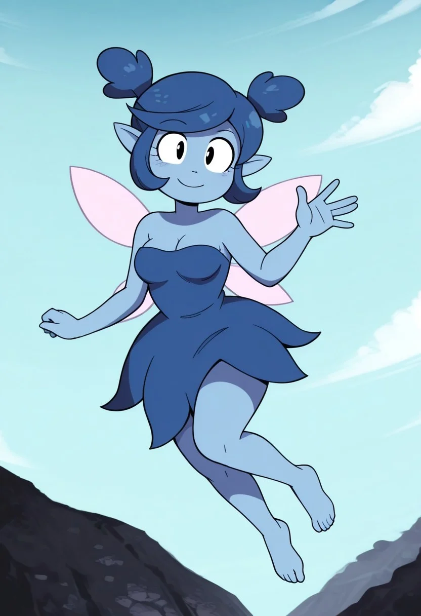 masterpiece,best quality,amazing quality,good quality, absurdres,solo,1girl,navi,fairy,colored skin,blue skin,blue hair,short hair,short twintails,bangs,pointy ears,black eyes,medium breasts,fairy wings,dress,blue dress,strapless dress,barefoot,bare shoulders,flying,smile,waving,happy,looking at viewer,full body,outdoors,blue sky