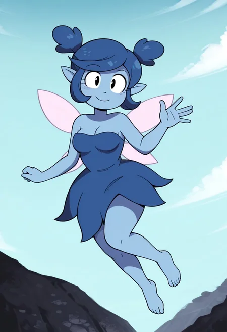 masterpiece,best quality,amazing quality,good quality, absurdres,solo,1girl,navi,fairy,colored skin,blue skin,blue hair,short hair,short twintails,bangs,pointy ears,black eyes,medium breasts,fairy wings,dress,blue dress,strapless dress,barefoot,bare shoulders,flying,smile,waving,happy,looking at viewer,full body,outdoors,blue sky