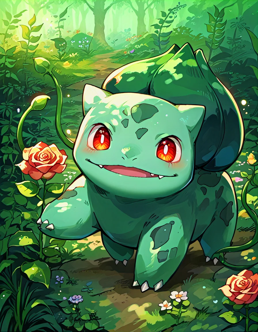 score_9, score_8_up, score_7_up, source_anime BREAK
Bu1b4s4ur, blue-green body, teal spots, claws, fangs, red eyes, white pupils, green plant bulb, pokemon \(creature\),
(looking at viewer:1.4), tentacle-like vines, vines out, facing viewer, holding rose with vines
sideview, from side
background: flower field, roses, garden, bloom, bokeh
(solo:1.6)
<lora:Bulbasaur:1>