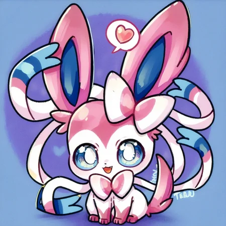 SYLV30N, white body, pink paws, pink tail, pink ears, long ears, blue inner ears, ribbon, bow, ribbon-like feelers, quadraped, light blue eyes, colored sclera, chibi, sitting, smile, open mouth, spoken heart, facing viewer, looking at viewer, head tilt