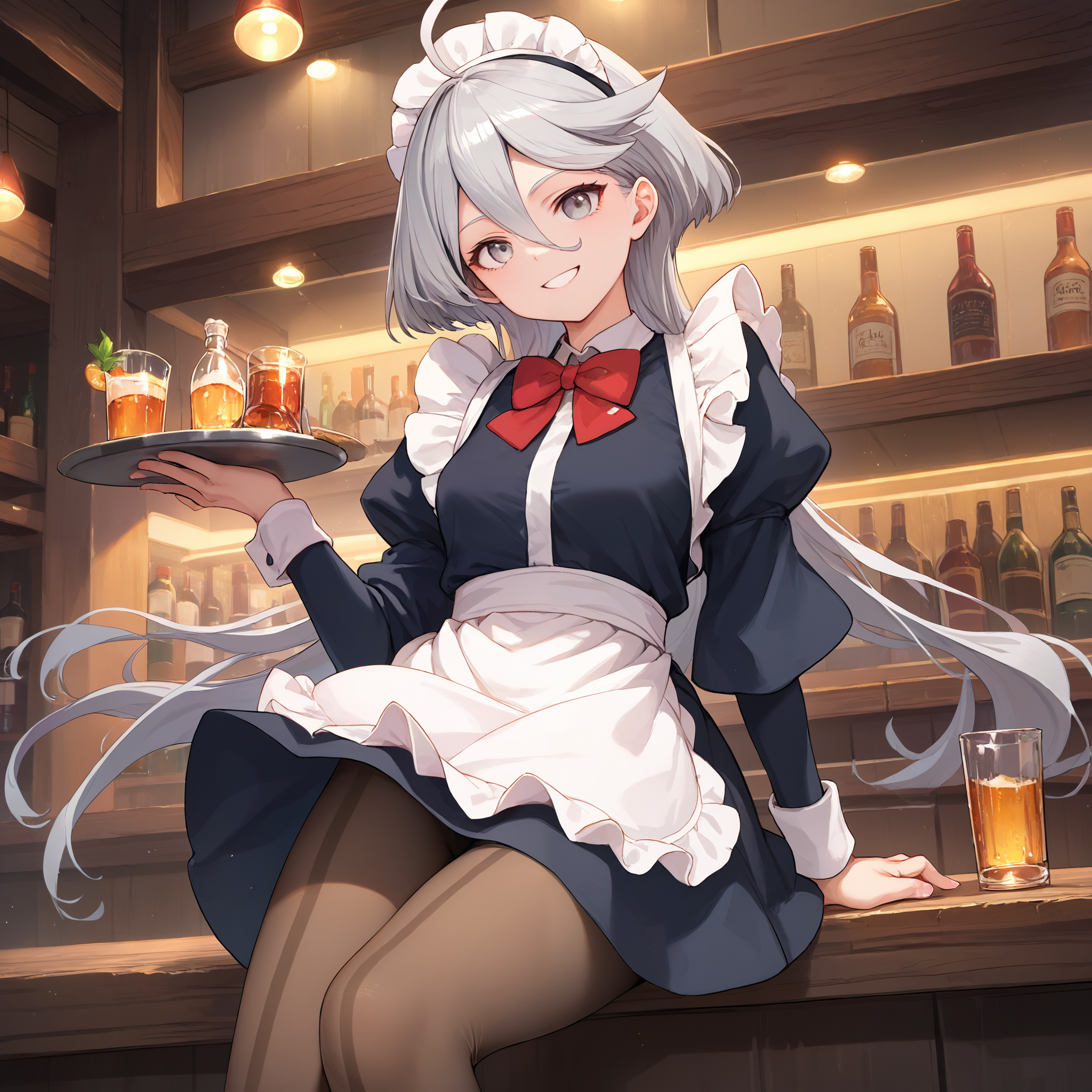 score_9, score_8_up, score_7_up, score_6_up, score_5_up, score_4_up, BREAK source_anime, look at viewer, 1girl, indoors, bar, masterpiece, best quality, high detailed skin,  miorine rembran, grey hair, long hair, ahoge, grey eyes, maid, maid headdress, maid apron, pantyhose, holding tray, smiling, bowtie,