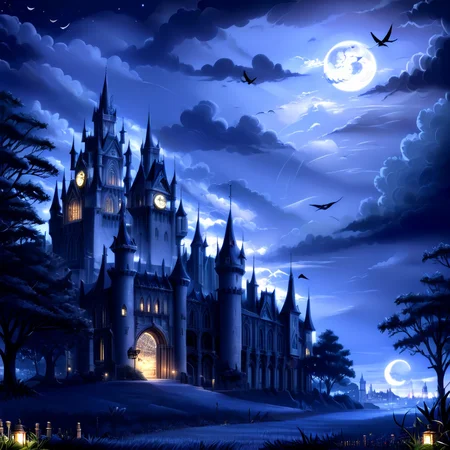Masterpiece,absurd resolution,8k,high resolution,
NightScapes,outdoors,sky,cloud,tree,no humans,night,bird,moon,cloudy sky,grass,building,nature,night sky,scenery,full moon,castle,tower,clock tower
, <lora:NightScapes_XL14:0.8>