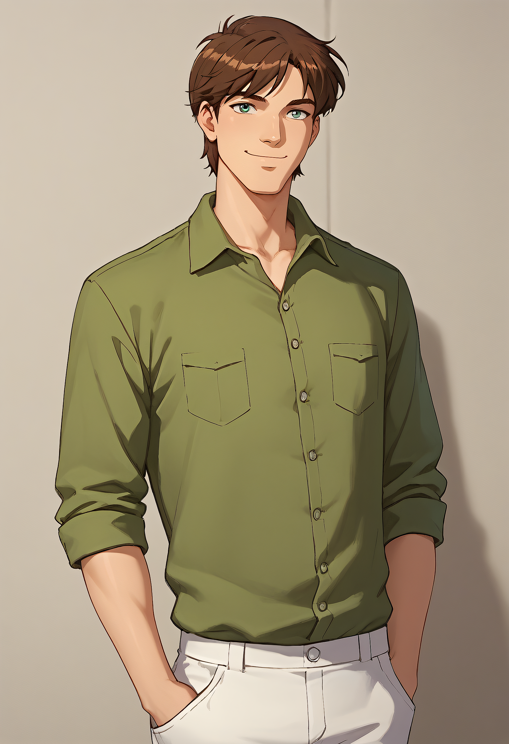 embedding:Pony\Positive\zPDXL3, score_9, score_8_up, score_7_up, 1boy, dean_ts!, male focus, solo, brown hair, green eyes, green shirt, white trousers, hands in pockets, smile, look at viewer, best quality, high resolution, masterpiece.
