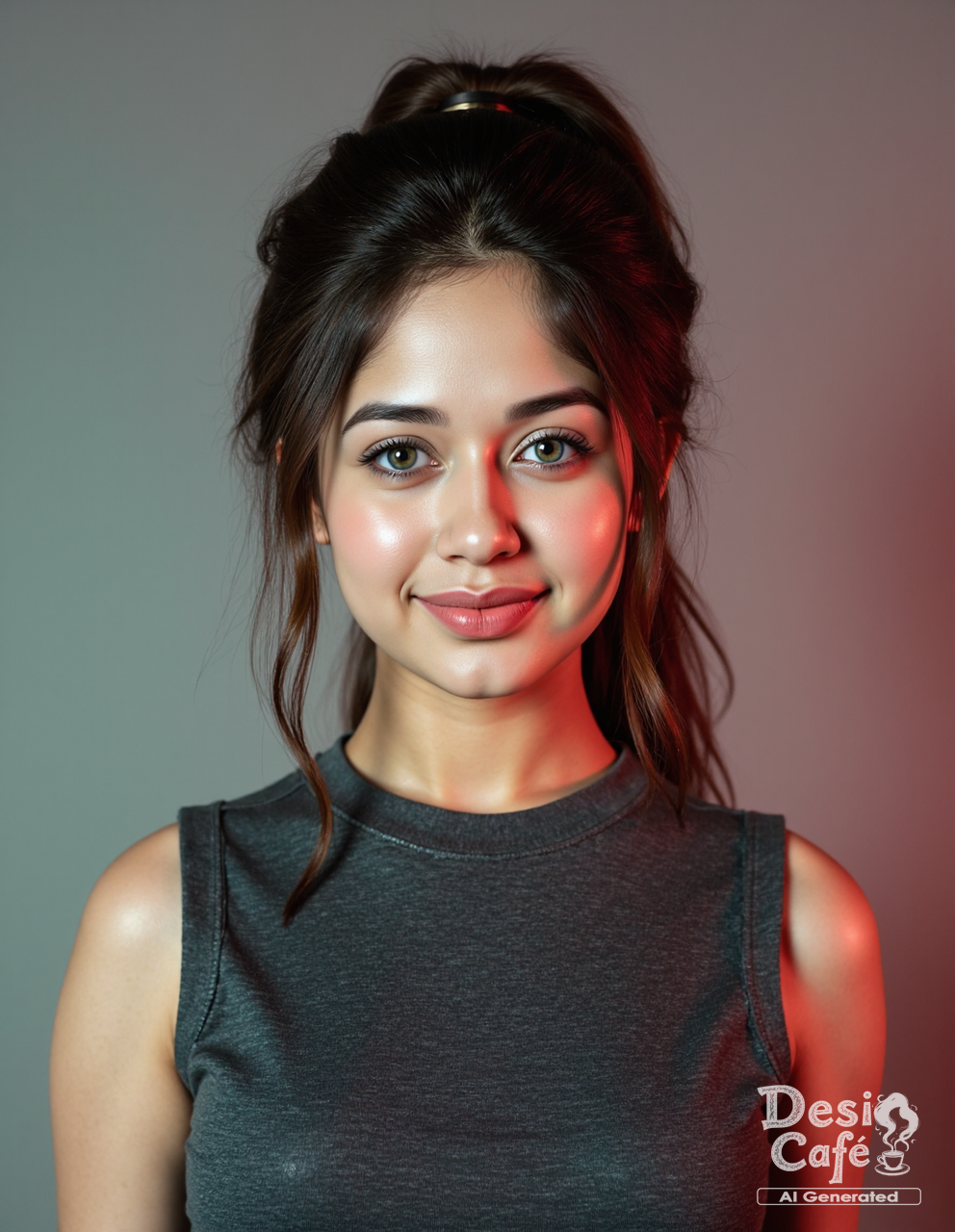 from front photo of j4nn4t zub41r woman, hyper realistic photo that is safe for work, shy smile, studio quality image with natural colors, well dressed wearing intricate sleeveless Charcoal sweatshirt, hair styled as  90s blowout,muted pastel shaded multicolored background that contrasts with the person, cinematic lighting,âââââ    <lora:j4nn4t_zub41r_Jannat_Zubair_Flux_Kohya_V1:1>âââ