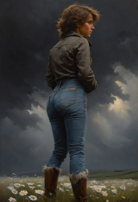 (((classical oil painting))), turning side view, (((short cute stocky-gymnastic Dutch girl wearing scruffy denim summer clothes))), short messy dark-chestnut emo-cut hair, (annoyed), tanned skin, medium breasts, (((snub-nose))), ((dimples)), (((narrow hips))), (((small ass))), ((dark eyes)), (((side-boob))), mittens, (((candid))), ((deserted dark village)), broken stile, daisies, (evening), Intricate textures, (high detailed skin:1.7),